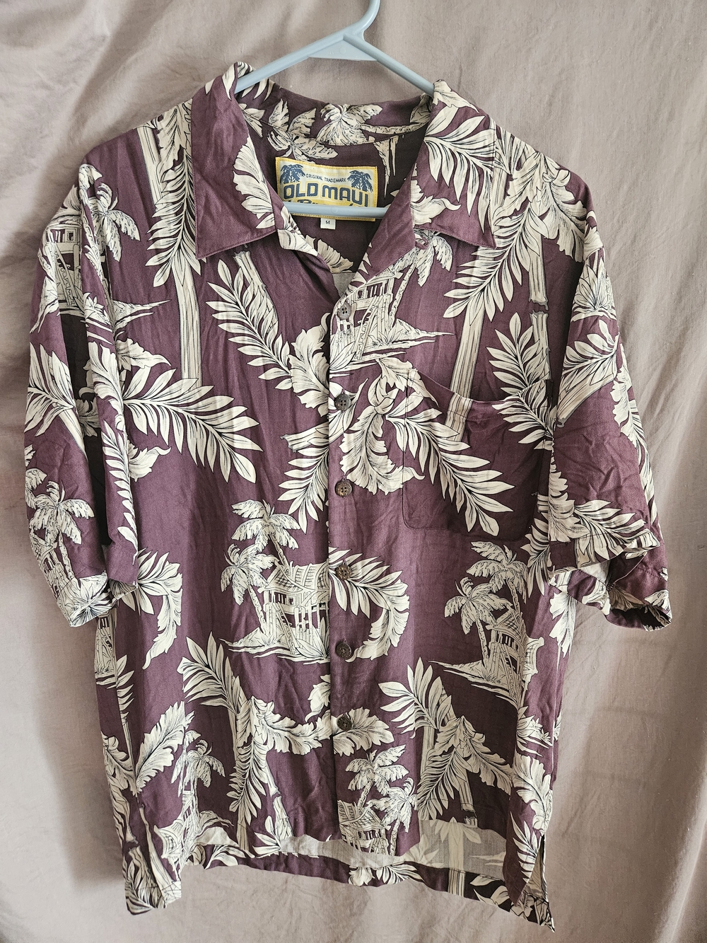 Vintage Old Maui Brand (M) Men's Plum Hawaiian Print Camp Shirt 100% RAYON